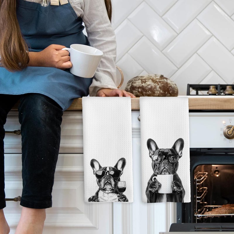 Mcehtle Funny French Bulldog Kitchen Towels Set of 2, Coffee Station Wine Bar Decor, Black and White Dog Owner Gift Hand Towel, Dog Lover Dining Room Kitchen Decorative Tea Towels 16x24 Inch - Image 3
